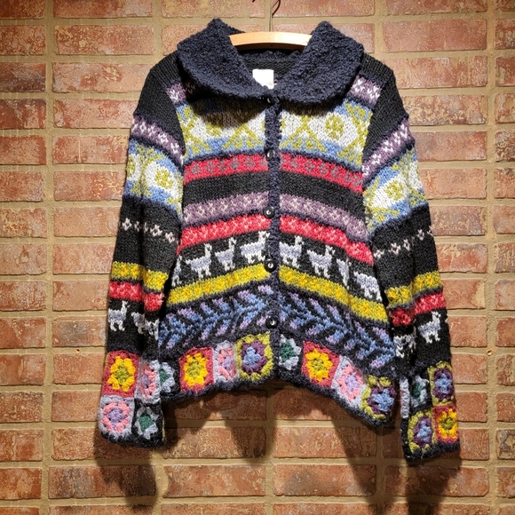 Vintage | Sweaters | Vintage Amano Colorful Knit Bolivian Wool Cardigan Granny Squares Small 